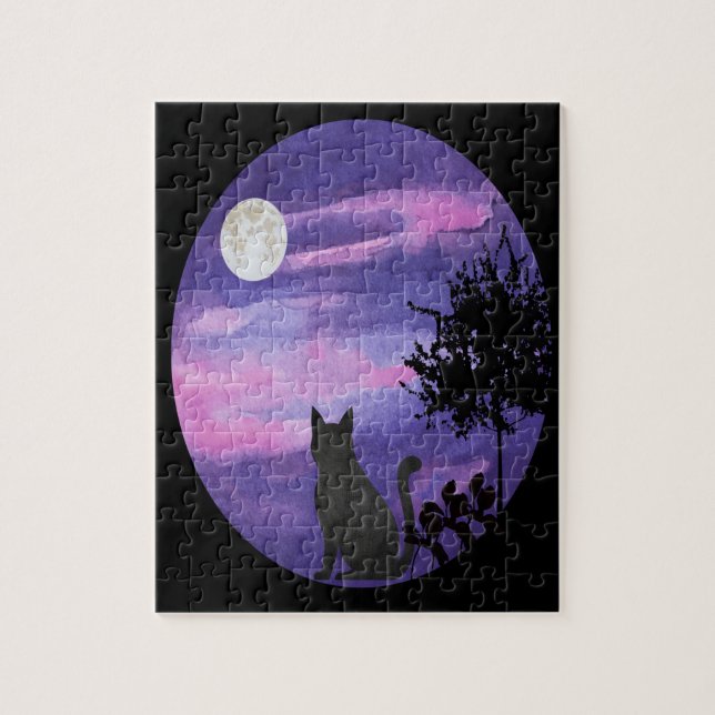 Mystical Cat Under Moon – Dreamy Purple Night Wate Pussel (Vertikal)
