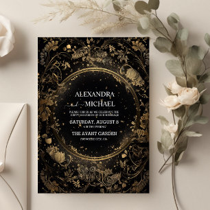 Mystical Celestial Black och Guld Bröllop Inbjudningar