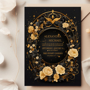 Mystical Celestial Black och Guld Bröllop Inbjudningar