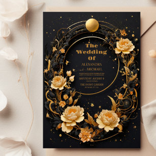 Mystical Celestial Black och Guld Bröllop Inbjudningar