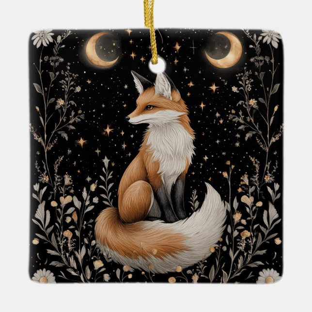 Mystical Celestial Fox and Flowers Julgransprydnad Keramik (Framsida)