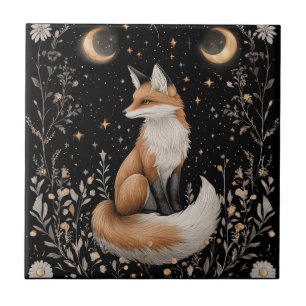 Mystical Celestial Fox and Flowers Kakelplatta