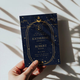 Mystical Celestial Guld Måne Mörk blått Bröllop Inbjudningar