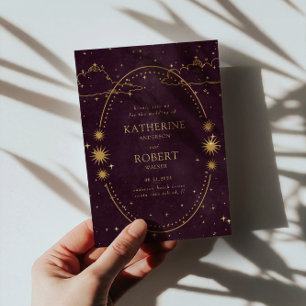 Mystical Celestial Guld Måne Star Burgundy Bröllop Inbjudningar