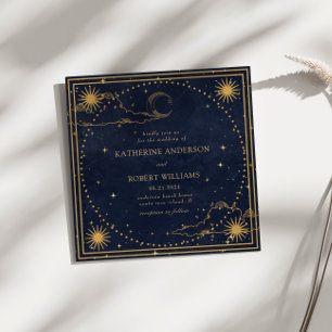 Mystical Celestial Guld Måne Stars Square Bröllop Inbjudningar