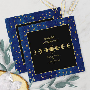 Mystical Celestial Stars Måne Phase Navy Blue Guld Fyrkantigt Visitkort