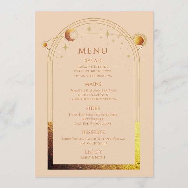 Mystical Champagne Guld Sol Måne Stars Bröllop Meny (Framsida)