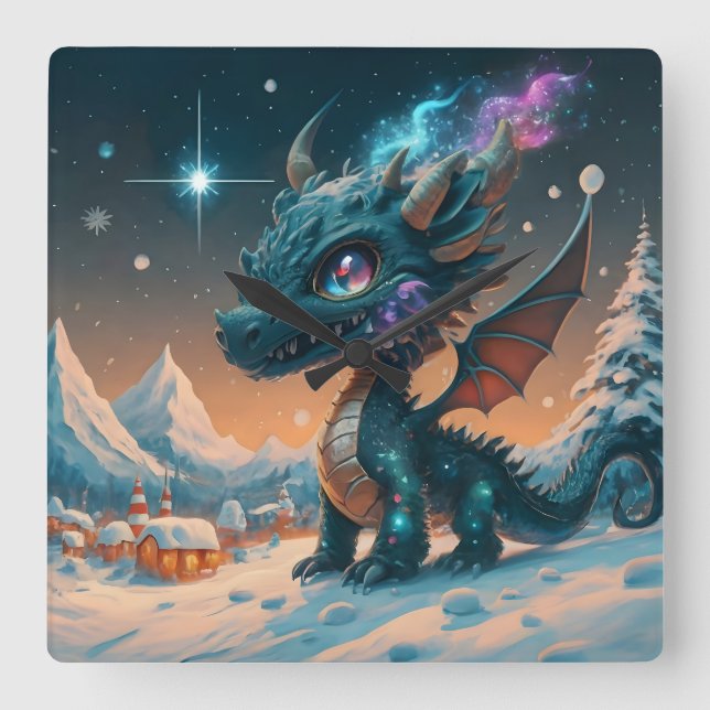 Mystical Chibi Dragon Winter Ligcape Fyrkantig Klocka (Framsida)