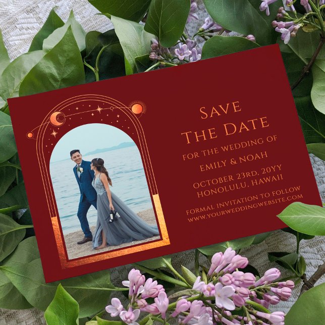 Mystical Chic Red Orange Star Måne Photo Space Spara Datumet (Skapare uppladdad)