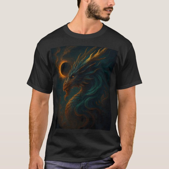 Mystical Eclipse Dragon Fantasy Art Illustration T Shirt (Framsida)