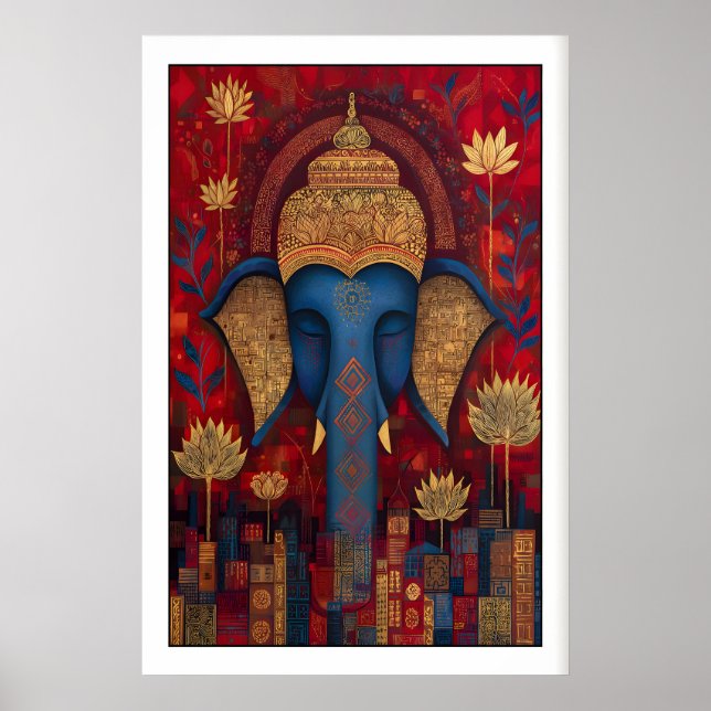 Mystical Elephant Buddha Wall Art, Lotus Flowers Poster (Framsidan)