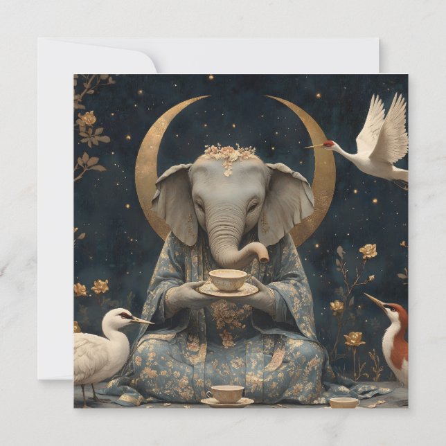 Mystical Elephant Tea Party under Måne Julkort (Framsida)