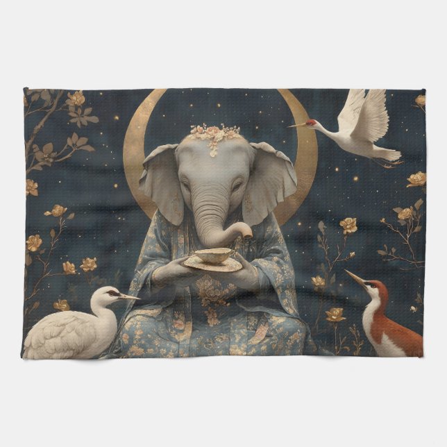 Mystical Elephant Tea Party under Måne Kökshandduk (Horisontell)
