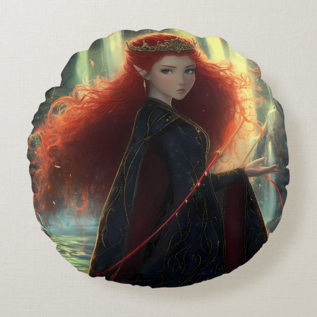 Mystical Elf i Fantasy Forest Rund Kudde (Framsidan)