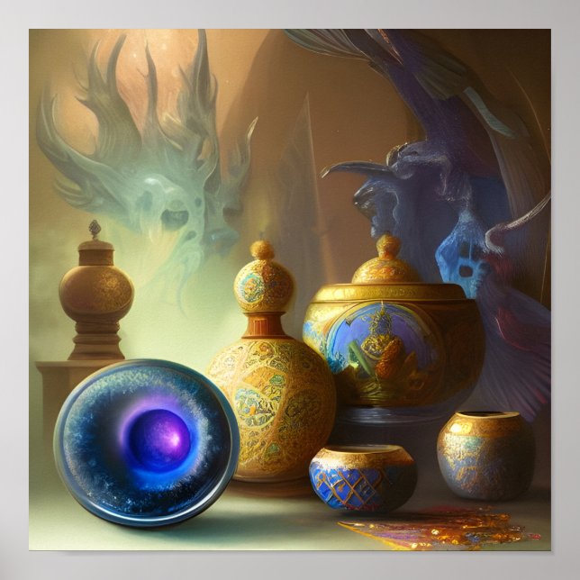 Mystical Enamel Flaskor & Bowls Digital Art Poster (Framsidan)