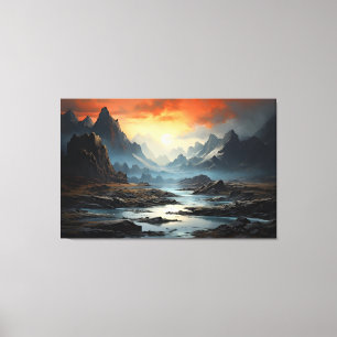 Mystical Fantasy Realm Mountains, River och Vatten Canvastryck