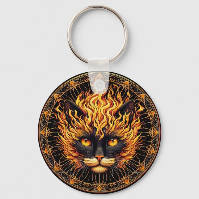 Mystical Fire Cat Mandala Design Nyckelring (Framsida)