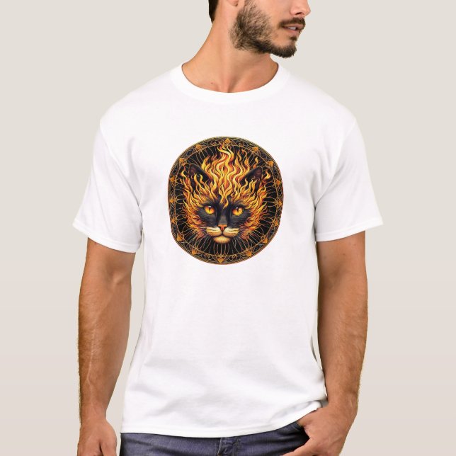 Mystical Fire Cat Mandala Design T Shirt (Framsida)