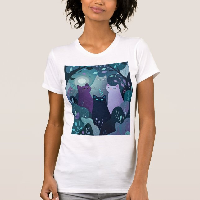 Mystical Forest Cats Art Whimsical Night Cat  T Shirt (Framsida)