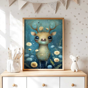 Mystical Forest Hjort Wall Art Blommigt Nursery Poster