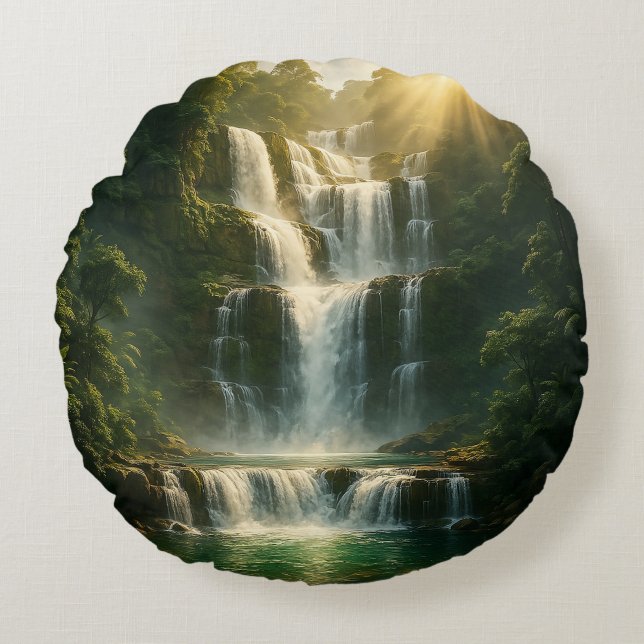 Mystical Forest Waterfall Nature Round Pillow Rund Kudde (Framsidan)