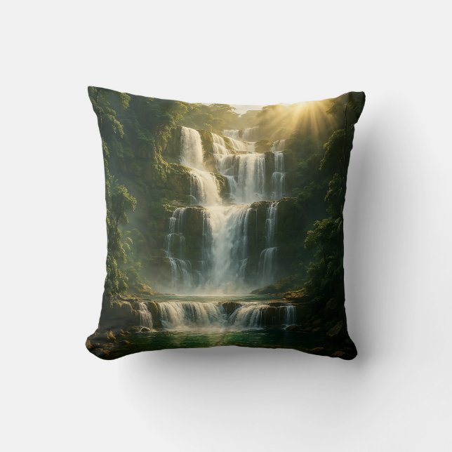 Mystical Forest Waterfall Nature Throw Pillow Kudde (Framsida)