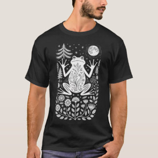 Mystical Frog Moon Linocut Art Forest Moonphase T Shirt