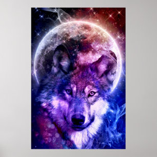 Mystical Galaxy Varg Ansikte med full måne Poster