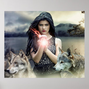 Mystical Girl med Fire Boll och Varger Poster