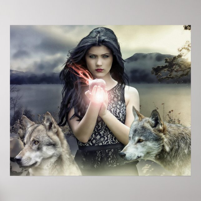 Mystical Girl med Fire Boll och Varger Poster (Framsidan)