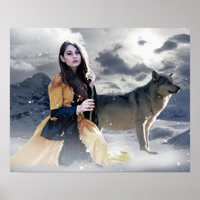 Mystical Girl med Varg i vinterscenen Poster (Framsidan)