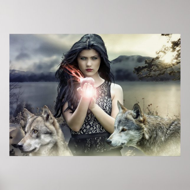 Mystical Gothic Girl med Varger och magiskt ljus Poster (Framsidan)