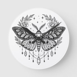 Mystical Gothic Moth Botanical Celestial Line Art Rund Klocka