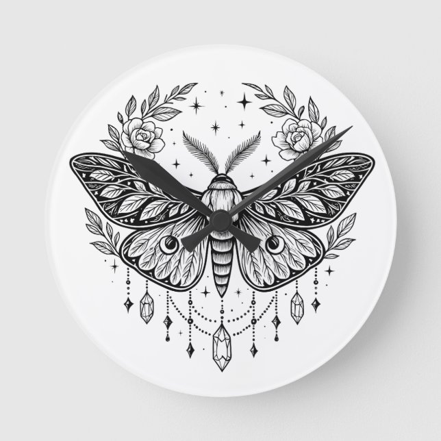 Mystical Gothic Moth Botanical Celestial Line Art Rund Klocka (Framsida)