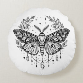 Mystical Gothic Moth Botanical Celestial Line Art  Rund Kudde