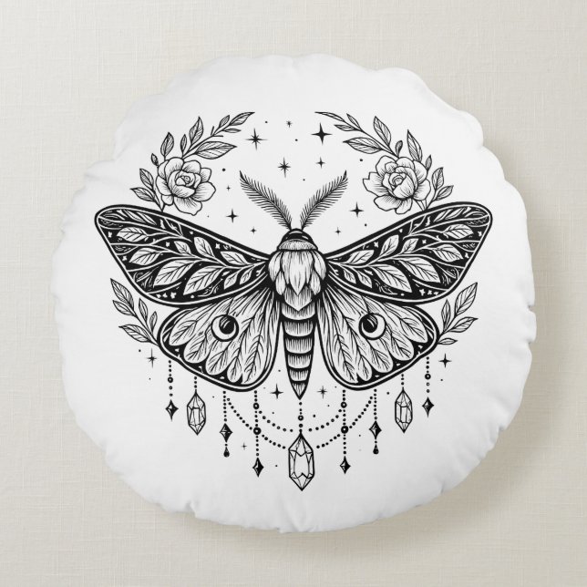 Mystical Gothic Moth Botanical Celestial Line Art  Rund Kudde (Framsidan)