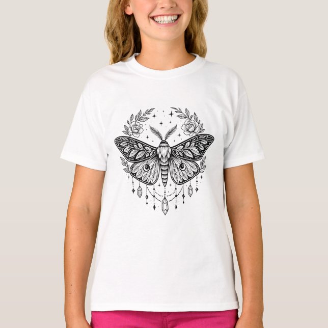 Mystical Gothic Moth Botanical Celestial Line Art  T Shirt (Framsida)