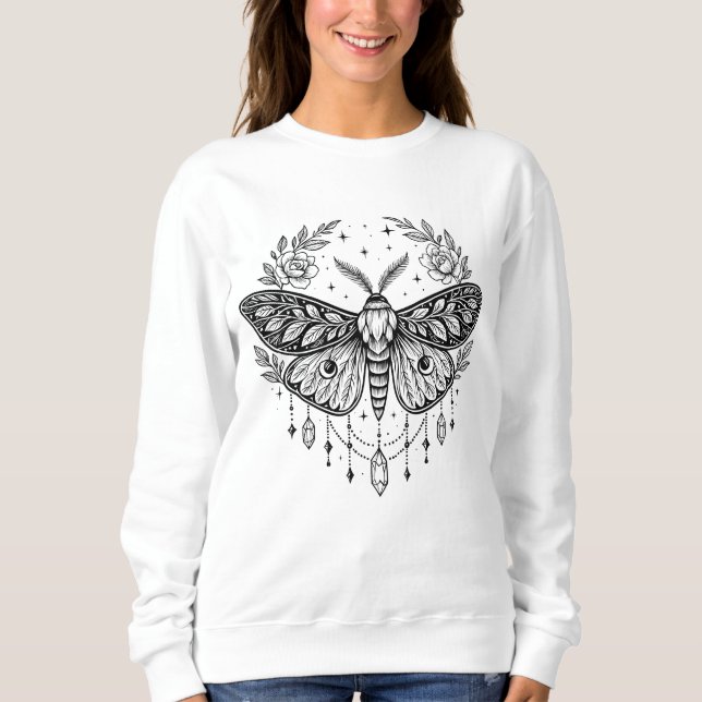 Mystical Gothic Moth Botanical Celestial Line Art  T Shirt (Framsida)