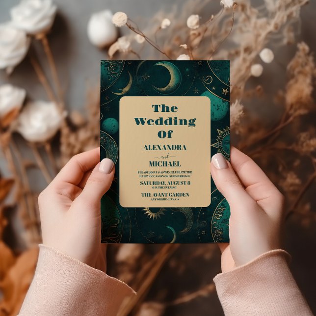 Mystical Grönt Guld Måne Sol Astronomy Space weddi Inbjudningar (Skapare uppladdad)