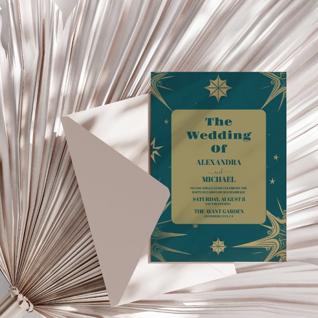 Mystical Grönt Guld Måne Sol Astronomy Space weddi Inbjudningar (Skapare uppladdad)