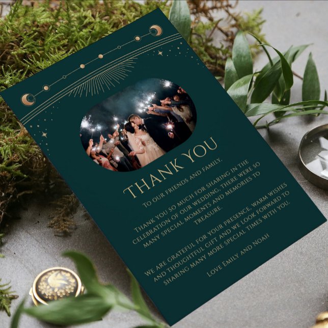 Mystical Grönt Guld Måne Stars Photo Bröllop Tack Kort (Skapare uppladdad)