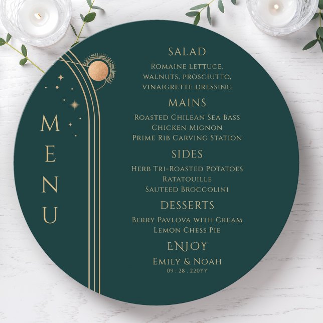 Mystical Grönt Guld Måne Stars Space Bröllop Meny (Skapare uppladdad)