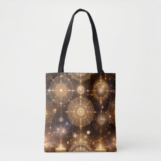 Mystical Guld Celestial Mönster Tote Bag Tygkasse (Framsida)