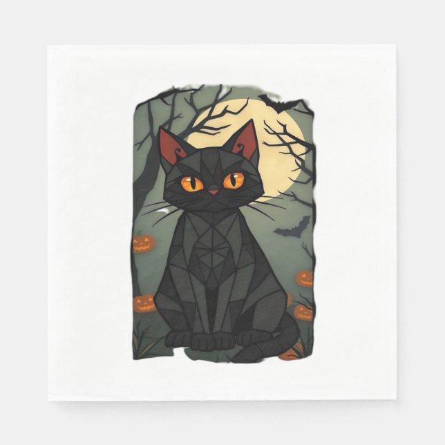 Mystical Halloween Black Cat Art - Spooky Kattdjur Pappersservett (Framsidan)