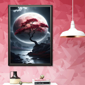 Mystical Japansk Stil Rosa Träd Poster
