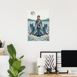Mystical Lake Guardian Art Print - Folk Art Kvinna Poster