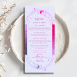 Mystical Lavender Rosa Sol Måne Astronomy Bröllop Meny<br><div class="desc">Mystical Lavender Rosa Sol Måne Stars Astronomy Celestial Galaxy Cosmic Bröllopskort har sol,  måne och stjärnor med rosa och lila ram på en pastelllavender-bakgrund med dina menydetaljer i mitten i det moderna rosa kalligrafiskriptet. Anpassa genom att redigera texten i textrutorna. Designad för dig av Evco Studio www.zazzle.com/store/evcostudio</div>