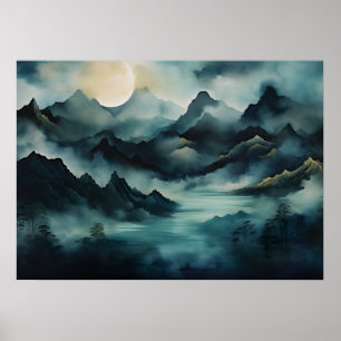 Mystical Ligcape: Moonlit Mountain, Fog, River Poster