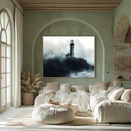 Mystical Lighthouse Amidst Ocean Vågar - träkol Poster