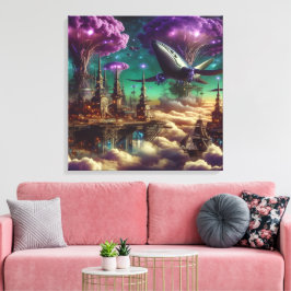 Mystical Lila Futuristiska Fantasy City Canvastryck